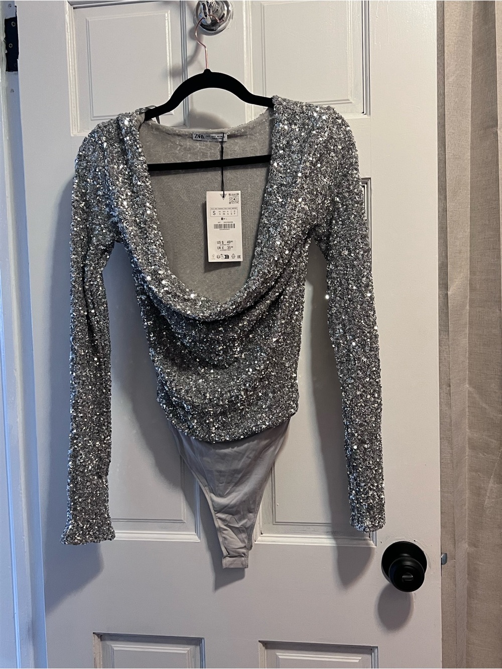 Zara Silver Sequin Cowl-Neck Long-Sleeve Bodysuit